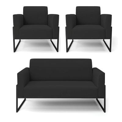 Sofá Namoradeira Com 2 Poltronas Base Industrial Alta Preto Marisa Veludo Preto D03 - D\'rossi