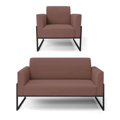 Sofá Namoradeira Com Poltrona Base Industrial Alta Preto Marisa Veludo Rosê D03 - D\'rossi