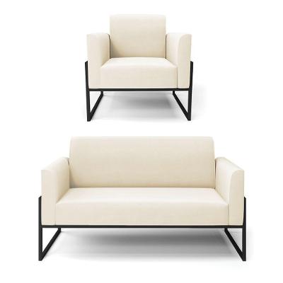 Sofá Namoradeira Com Poltrona Base Industrial Alta Preto Marisa Veludo Bege D03 - D\'rossi