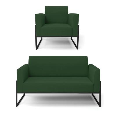 Sofá Namoradeira Com Poltrona Base Industrial Alta Preto Marisa Veludo Verde D03 - D\'rossi