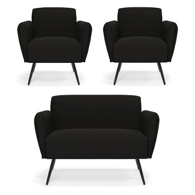 Sofá Namoradeira Com 2 Poltronas Pés Palito De Ferro Bruna Suede - D'rossi Cor Preto