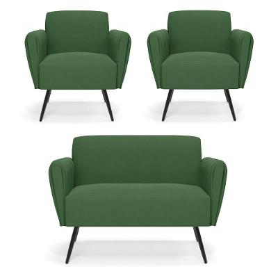 Sofá Namoradeira Com 2 Poltronas Pés Palito De Ferro Bruna Suede - D'rossi Cor Verde