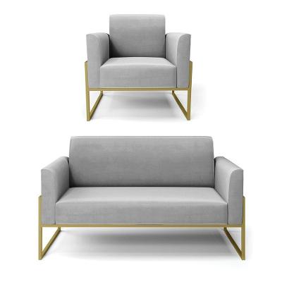 Sofá Namoradeira Com Poltrona Base Industrial Alta Dourado Marisa Suede D03 - D\'rossi Cor Cinza