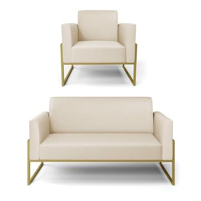 Sofá Namoradeira Com Poltrona Base Industrial Alta Dourado Marisa Corino Bege D03 - D\'rossi