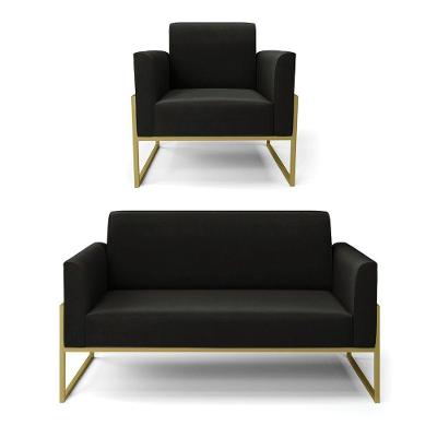 Sofá Namoradeira Com Poltrona Base Industrial Alta Dourado Marisa Suede Preto D03 - D\'rossi