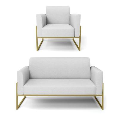Sofá Namoradeira Com Poltrona Base Industrial Alta Dourado Marisa Linho D03 - D\'rossi Cor A05 Cinza