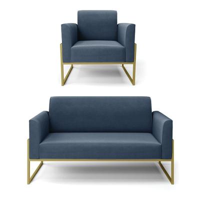 Sofá Namoradeira Com Poltrona Base Industrial Alta Dourado Marisa Suede Azul Marinho D03 - D\'rossi