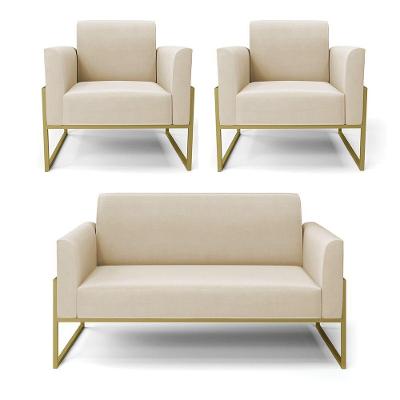 Sofá Namoradeira Com 2 Poltronas Base Industrial Alta Dourado Marisa Suede D03 - D\'rossi Cor Bege