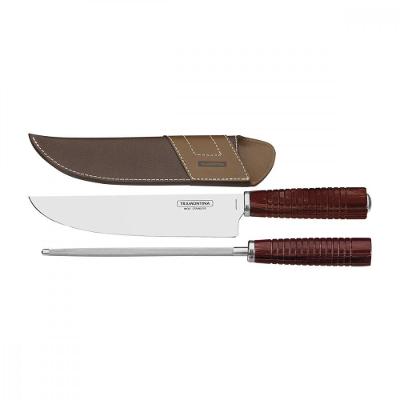Jogo Para Churrasco Tramontina Em Aço Inox E Cabo Vermelho Polywood Com Bainha De Couro 2 Peças