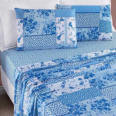 Jogo De Cama Lençol Dallas Casal Padrão Microfibra 4 Peças - Azul Sereno Patchwork