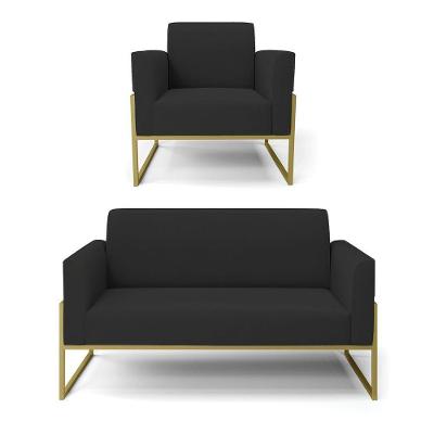Sofá Namoradeira Com Poltrona Base Industrial Alta Dourado Marisa Veludo Preto D03 - D\'rossi