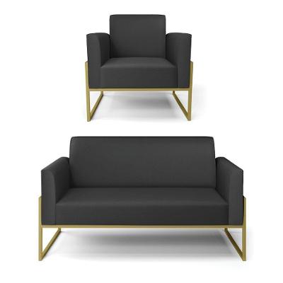 Sofá Namoradeira Com Poltrona Base Industrial Alta Dourado Marisa Corino Preto D03 - D\'rossi