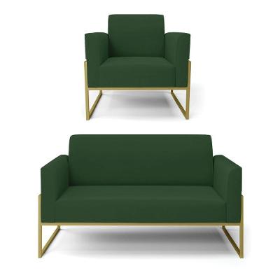 Sofá Namoradeira Com Poltrona Base Industrial Alta Dourado Marisa Veludo D03 - D\'rossi Cor Verde