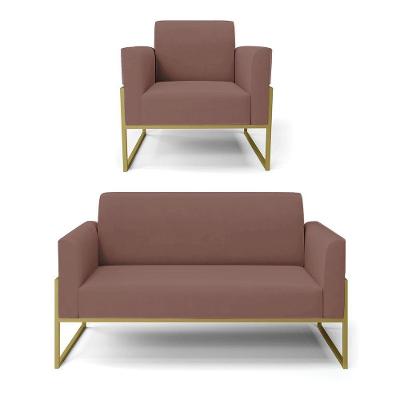 Sofá Namoradeira Com Poltrona Base Industrial Alta Dourado Marisa Veludo D03 - D\'rossi Cor Rose