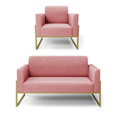 Sofá Namoradeira Com Poltrona Base Industrial Alta Dourado Marisa Suede Rosê D03 - D\'rossi