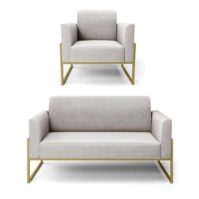 Sofá Namoradeira Com Poltrona Base Industrial Alta Dourado Marisa Veludo D03 - D\'rossi Cor Cinza