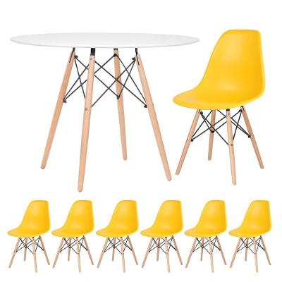 Mesa Redonda 100 Cm Branco + 6 Cadeiras Amarelo