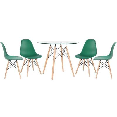 Mesa Redonda Eames Com Tampo De Vidro 90 Cm + 4 Cadeiras Eiffel Dsw Verde Escuro