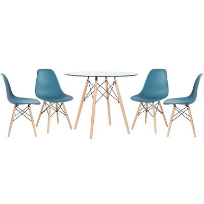 Mesa Redonda Eames Com Tampo De Vidro 90 Cm + 4 Cadeiras Eiffel Dsw Turquesa