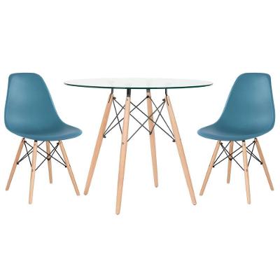 Mesa Redonda Eames Com Tampo De Vidro 90 Cm + 2 Cadeiras Eiffel Dsw Turquesa