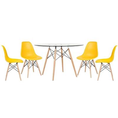 Mesa Redonda Eames Com Tampo De Vidro 120 Cm + 4 Cadeiras Eiffel Dsw Amarelo Amarelo