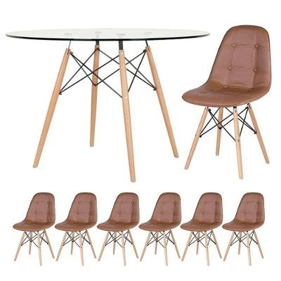 Mesa Eames Com Tampo De Vidro 120 Cm + 6 Cadeiras Estofadas Eiffel Botonê Marrom Marrom