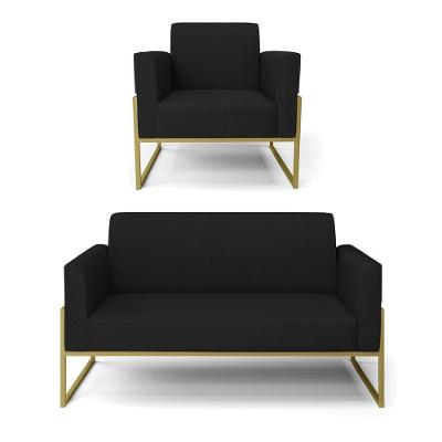 Sofá Namoradeira Com Poltrona Base Industrial Alta Dourado Marisa Linho Preto A79 D03 - D\'rossi