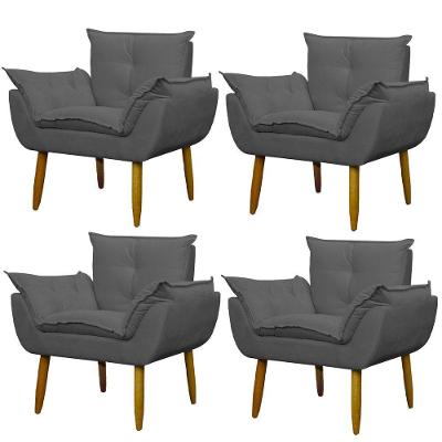 Kit 4 Poltronas Decorativa Sala E Quarto Opala Suede Herrero Cor:cinza