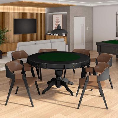 Conjunto Mesa De Jogos Carteado Tampo Reversível E 6 Cadeiras Madeira Poker Pu Caramelo-preto