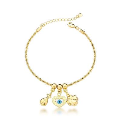 Pulseira Cordão Baiano Com Olho Grego E Trevo Banhado A Ouro 18k - 18cm