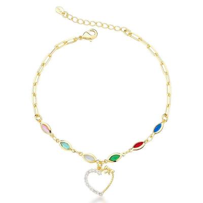 Pulseira Elos E Zircônios Coloridos E Coração Banhado A Ouro 18k
