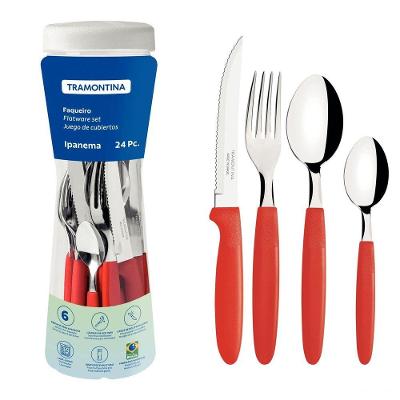 Faqueiro Ipanema Lâminas Aço Inox Cabos De Polipropileno Vermelho Com Pote Plástico 24pçs