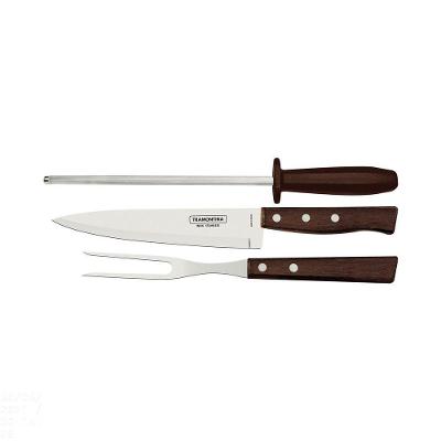 Jogo Para Churrasco Em Aço Inox Com Cabo Marrom Madeira E Polipropileno 3 Peças