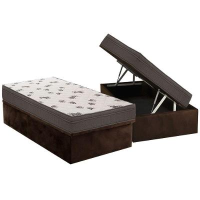 Cama Box Baú Solteiro: Colchão Espuma Ortobom D45 Light + Base CRC Suede Brown(88x188)