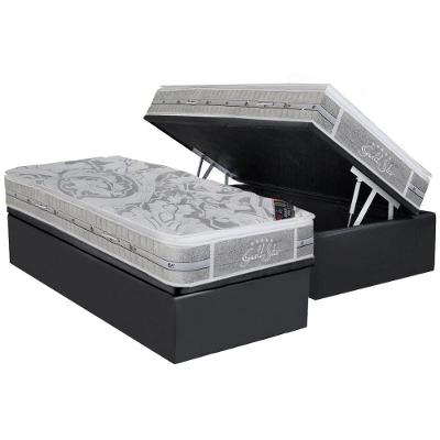 Cama Box Baú Solteiro: Colchão Molas Pocket Ensacadas Castor  Super Luxo Látex SLX + Base CRC Suede Cinza(88x188)