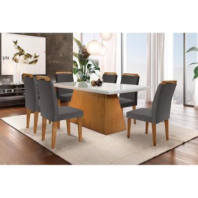 Conjunto: Mesa Sala Jantar Luna c/ Tampo Madeirado c/ Vidro Canto Reto 180cm + 6 Cadeiras Athenas Imbuia/Grafite - Rufato