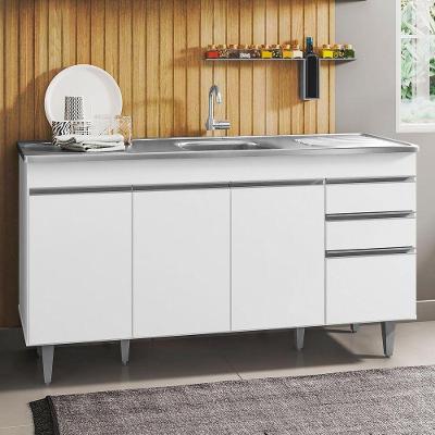 Balcão Gabinete Com Pia Inox 150cm 4 Portas 2 Gavetas Marrocos Branco - Lumil