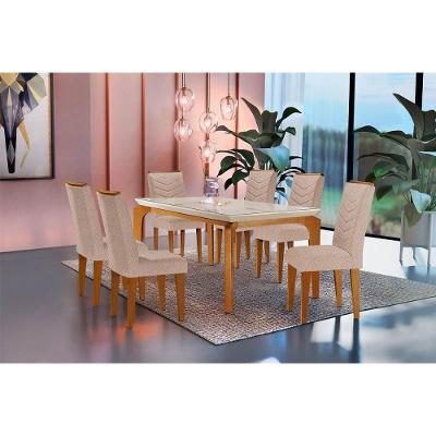 Sala de Jantar Completa Londrina Vidro 180Cm + 6 Cadeiras Londrina Imbuia Bege Turim