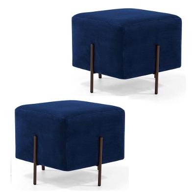 Kit 2 Puffs Decorativos 45cm Base Aço Status B-304 Veludo Azul Marinho