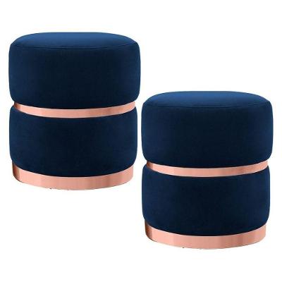 Kit 2 Puffs Decorativos Cinto E Aro Rosê Round B-304 Veludo Azul Marinho