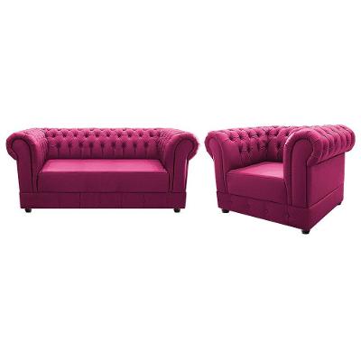 Kit Poltrona e Namoradeira Chesterfield Ana Suede Pink