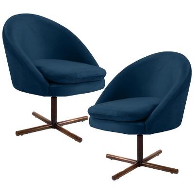 Kit 2 Poltronas Giratórias Base Xis Madeira Azul Marinho