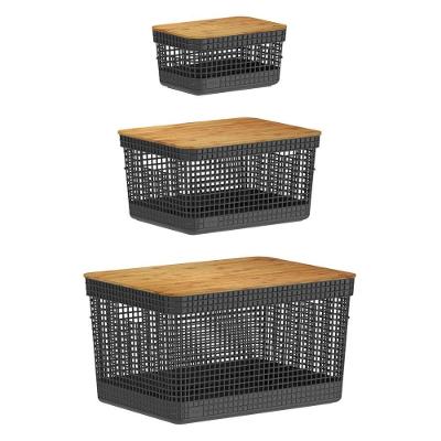 Kit De Cesto Organizador Grid Preto Com Tampa De Bambu 03 Peças