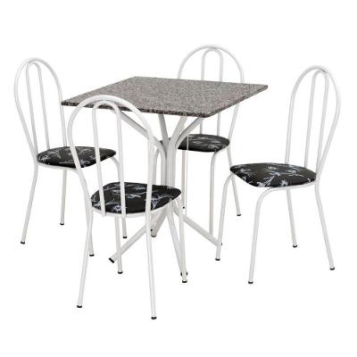 Conjunto de Mesa e 04 Cadeiras Tampo em Granito Branco Preto