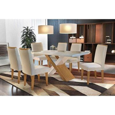 Sala De Jantar Completa Tampo Madeirado C/ Vidro Canto Reto 6 Cadeiras Lunara Imbuia/Veludo Creme