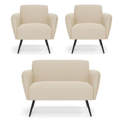 Sofá Namoradeira Com 2 Poltronas Pés Palito De Ferro Bruna Suede - D\'rossi Cor Bege