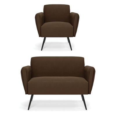 Sofá Namoradeira Com Poltrona Pés Palito De Ferro Bruna Suede Marrom - D\'rossi