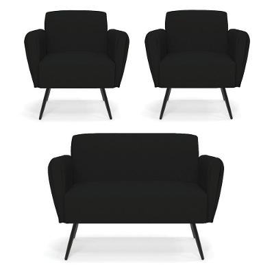 Sofá Namoradeira Com 2 Poltronas Pés Palito De Ferro Bruna Linho - D\'rossi Cor A79 Preto