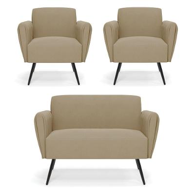 Sofá Namoradeira Com 2 Poltronas Pés Palito De Ferro Bruna Suede Marrom Rato - D\'rossi