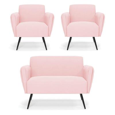 Sofá Namoradeira Com 2 Poltronas Pés Palito De Ferro Bruna Suede - D\'rossi Cor Rosa Bebê